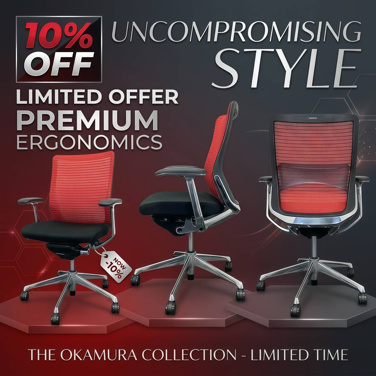 オカムラ コーラルチェアシリーズ オフィスシーティング[デザインアーム] CQ41KG ミドルバック 背：レッド/座：ブラック 2020年製 中古 ※SALE品