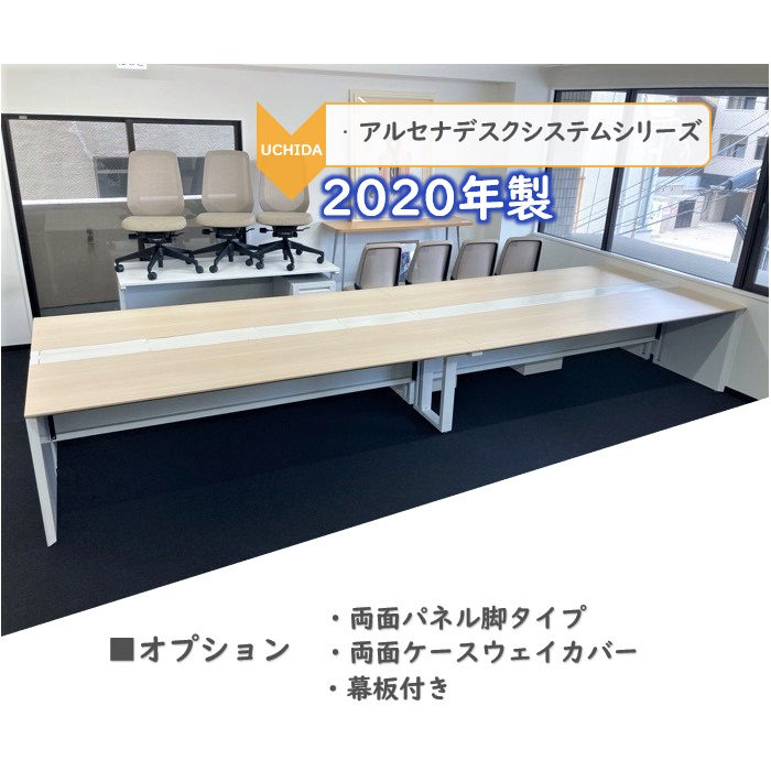 内田洋行　アルセナデスクシステムシリーズ　フリーアドレスデスク　W4800×D1465×H720　天板：ライトファインウッド/本体：オフホワイト　2020年製　中古